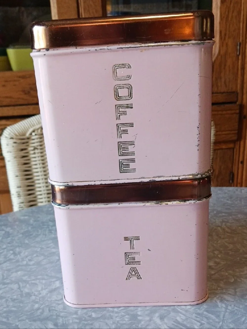 Vintage~ Pink & Copper Kitchen Canister Set - Sugar, Flour, Coffee, Tea